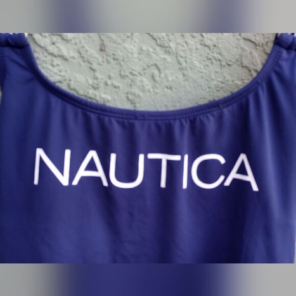 EUC NAUTICA Navy Blue & White CrissCross High Waisted One Piece Swim Suit Small - Picture 2 of 10